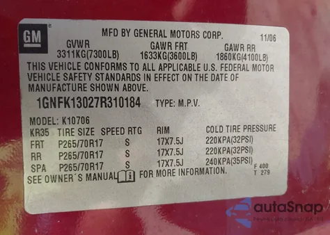 2007 Chevrolet Tahoe Ls из США, поврежденный, VIN 1GNFK13027R310184